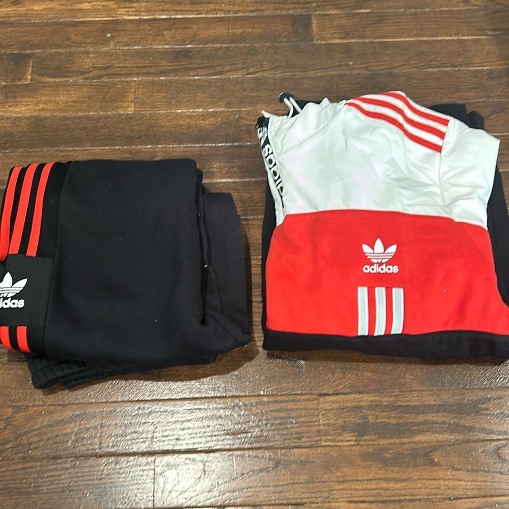 Red, white, and black 2-piece adidas tracksuit